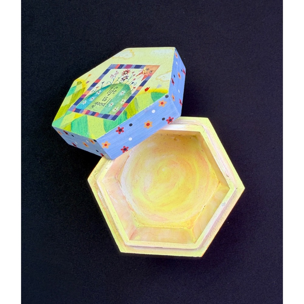 Natural Life is Good Wood Trinket Box Hexagon Yellow Floral Whimsical Decor - Picture 7 of 13